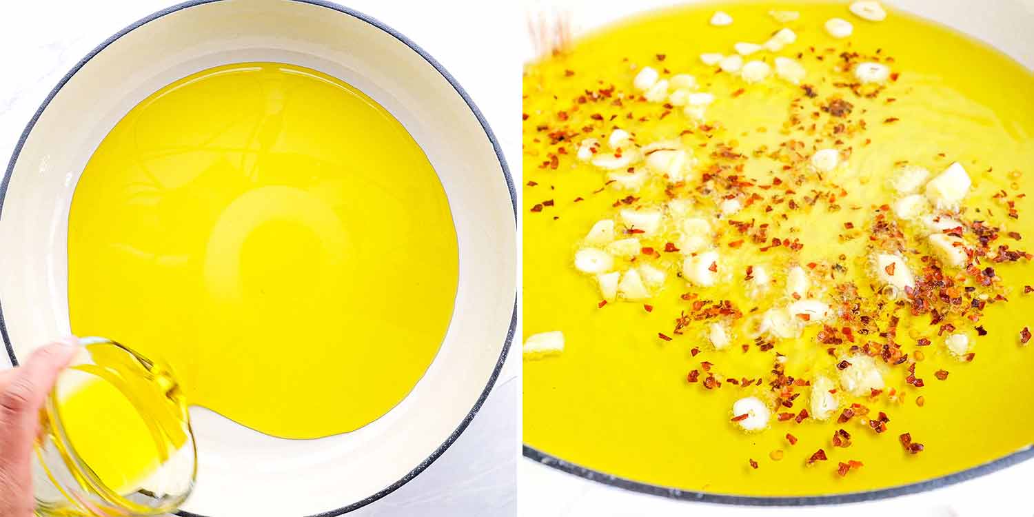 process shots showing how to make aglio e olio.