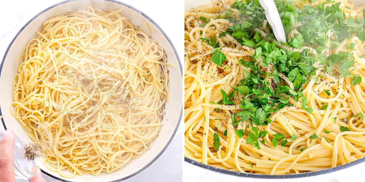 process shots showing how to make aglio e olio.