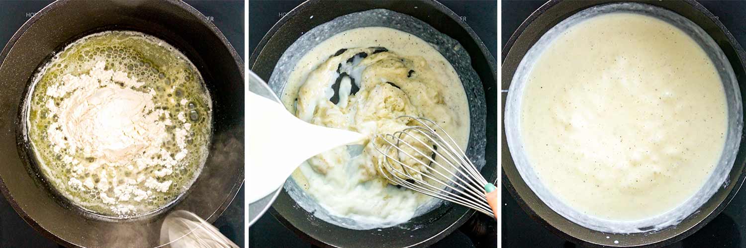 process shots showing how to make baked mac and cheese.