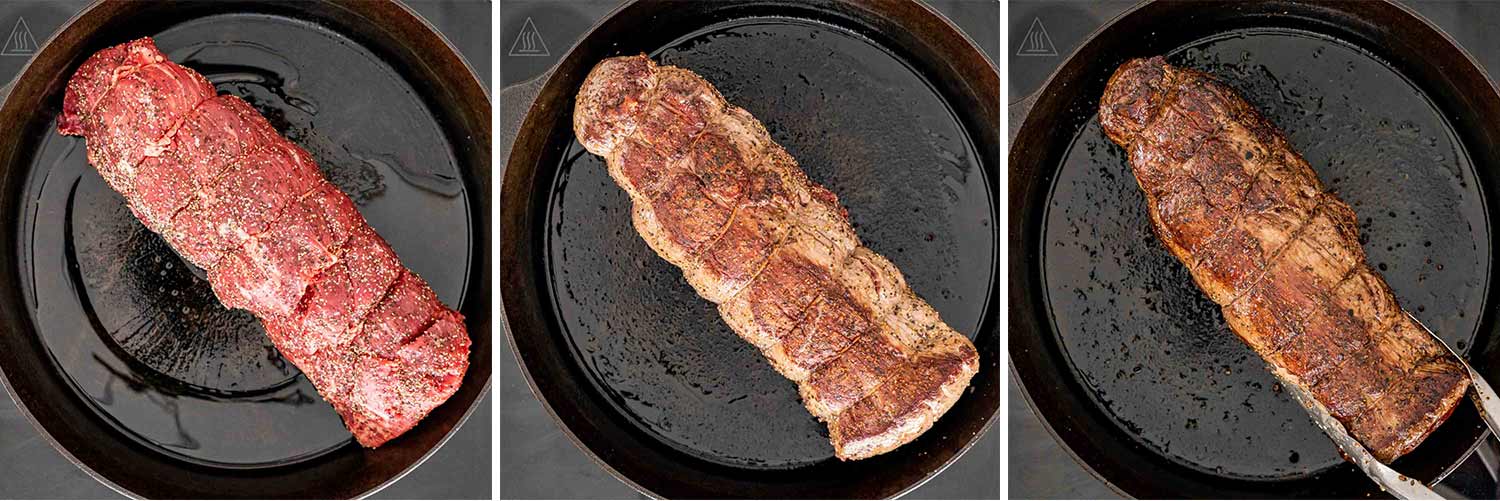 process shots showing how to sear a beef tenderloin.