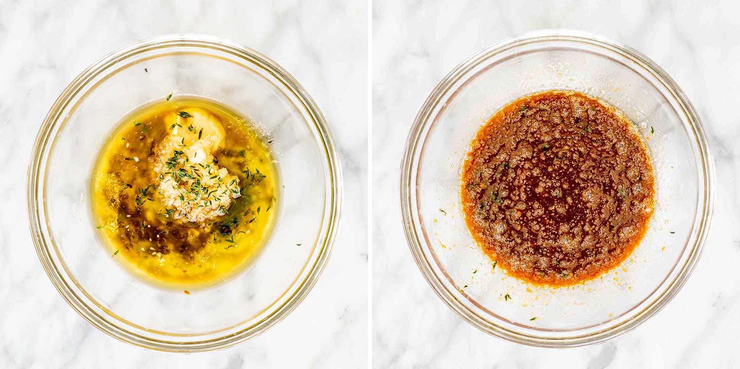 process shots showing how to make a balsamic dijon mustard glaze.