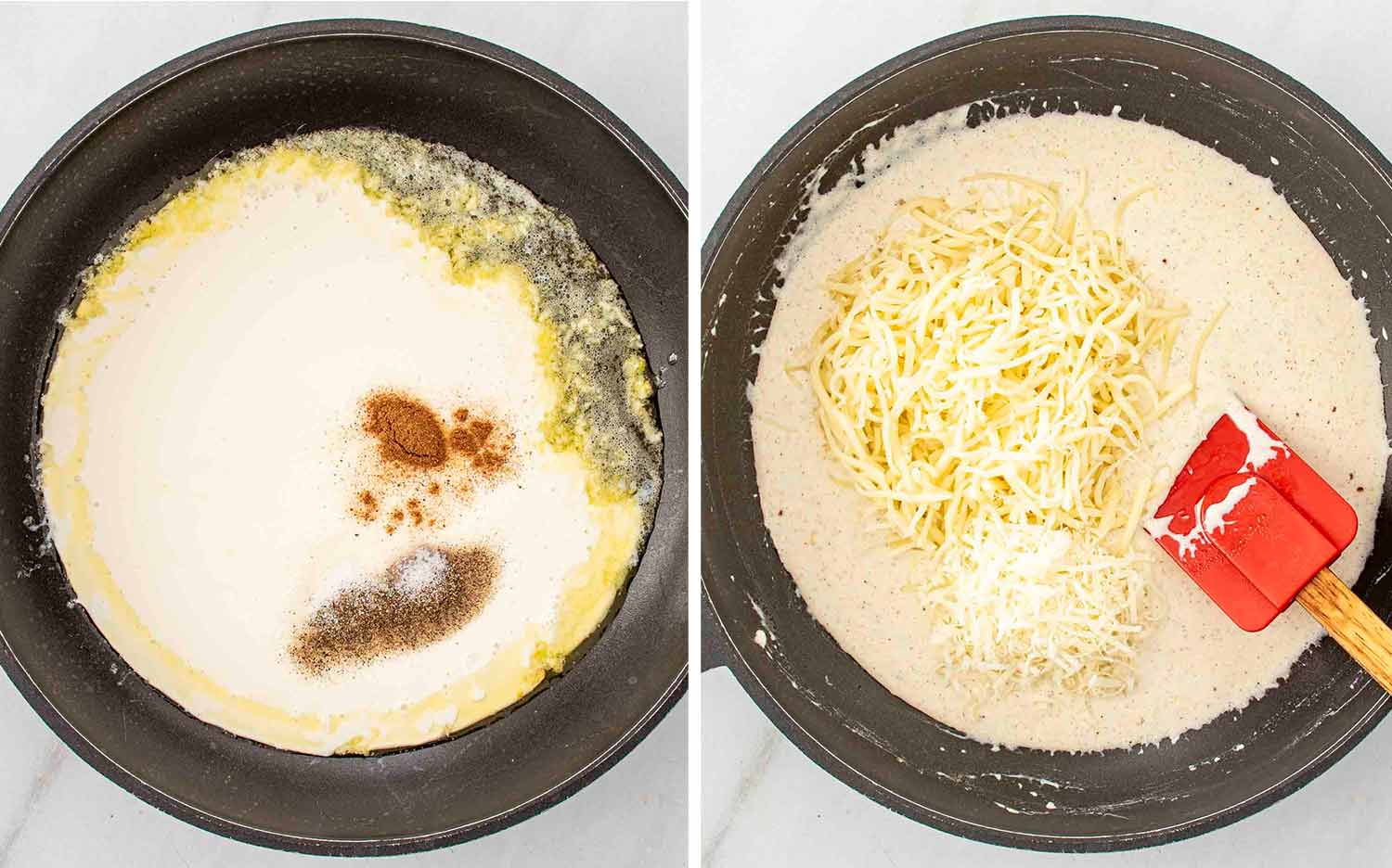 process shots showing how to make brussels sprouts gratin.