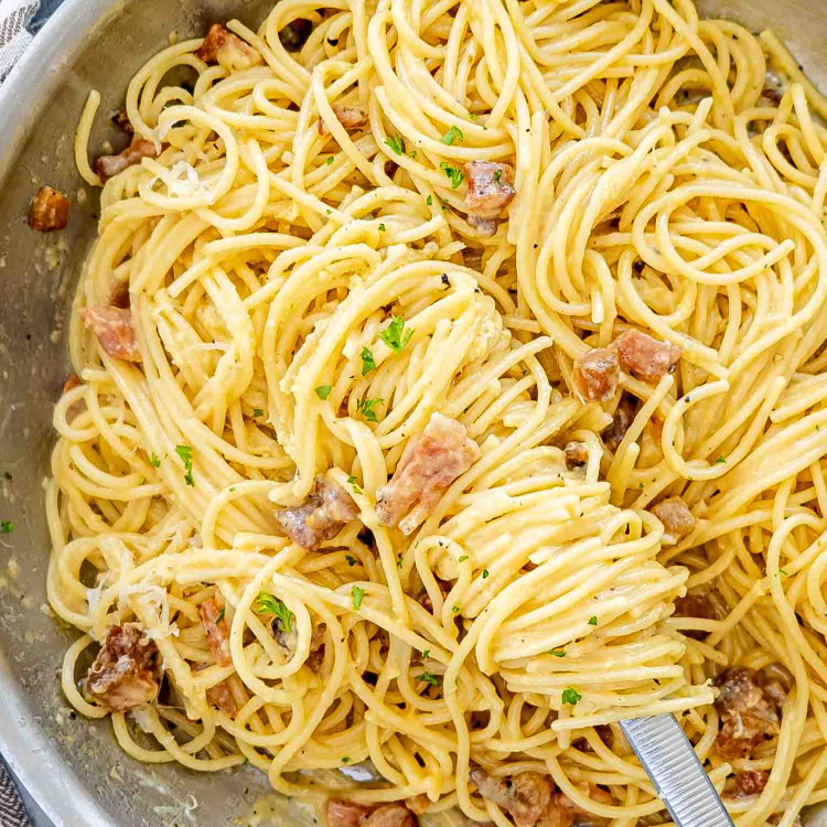 freshly made carbonara in a skillet.