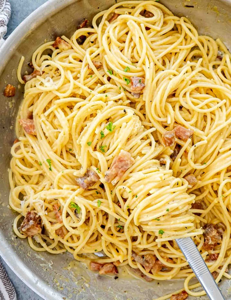 freshly made carbonara in a skillet.