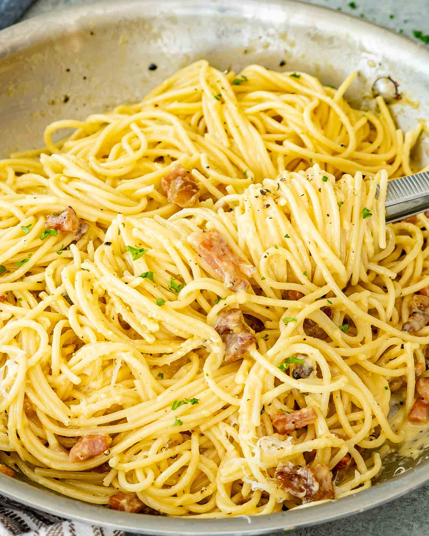 freshly made carbonara in a skillet.