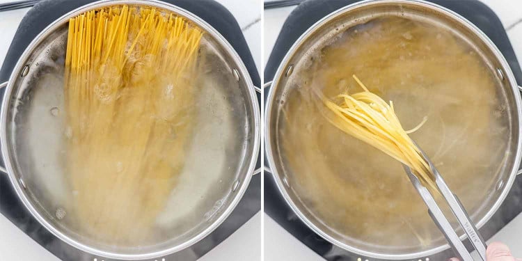 process shots showing how to make carbonara.