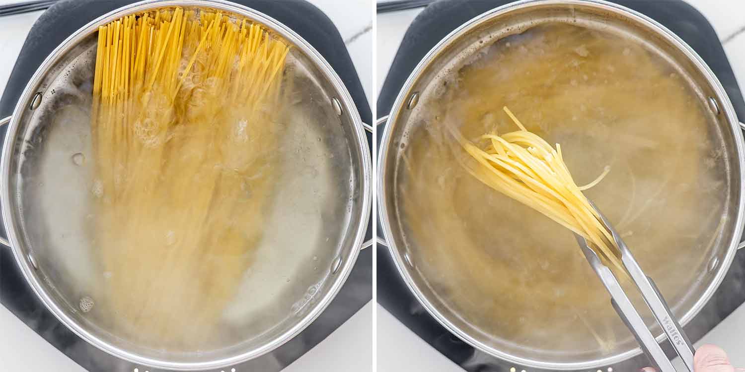 process shots showing how to make carbonara.