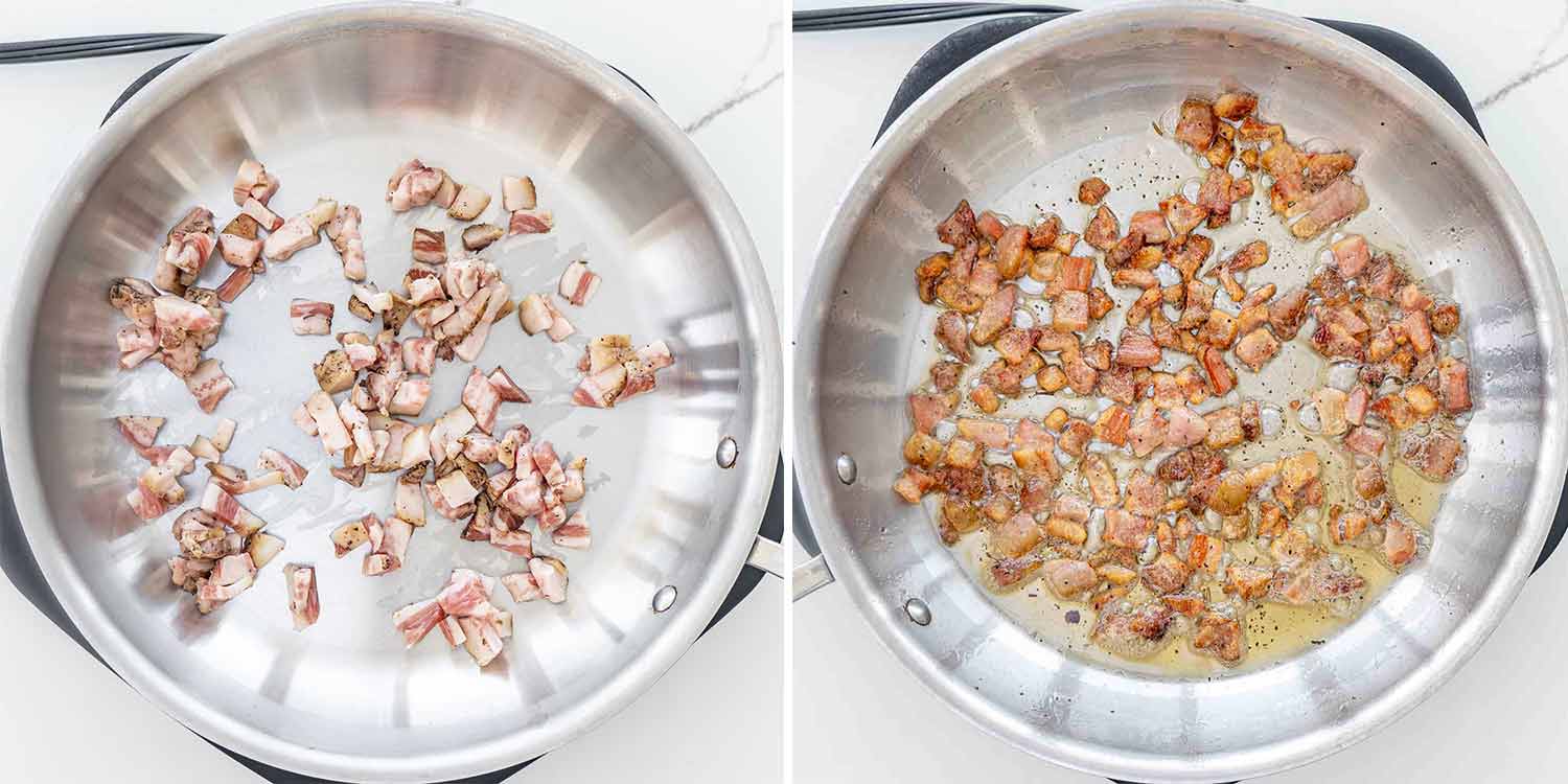 process shots showing how to make carbonara.