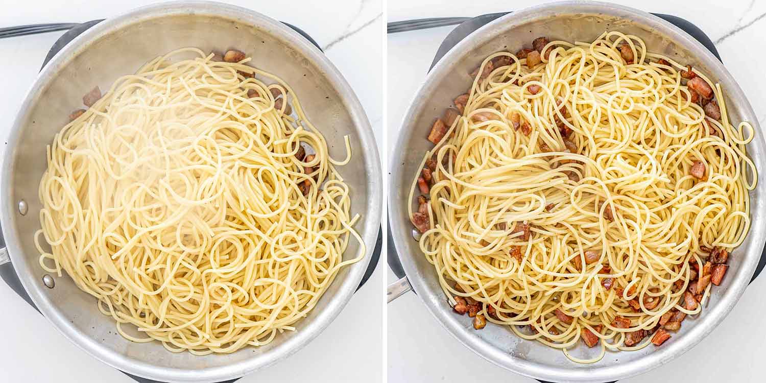 process shots showing how to make carbonara.
