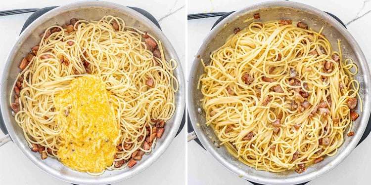 process shots showing how to make carbonara.