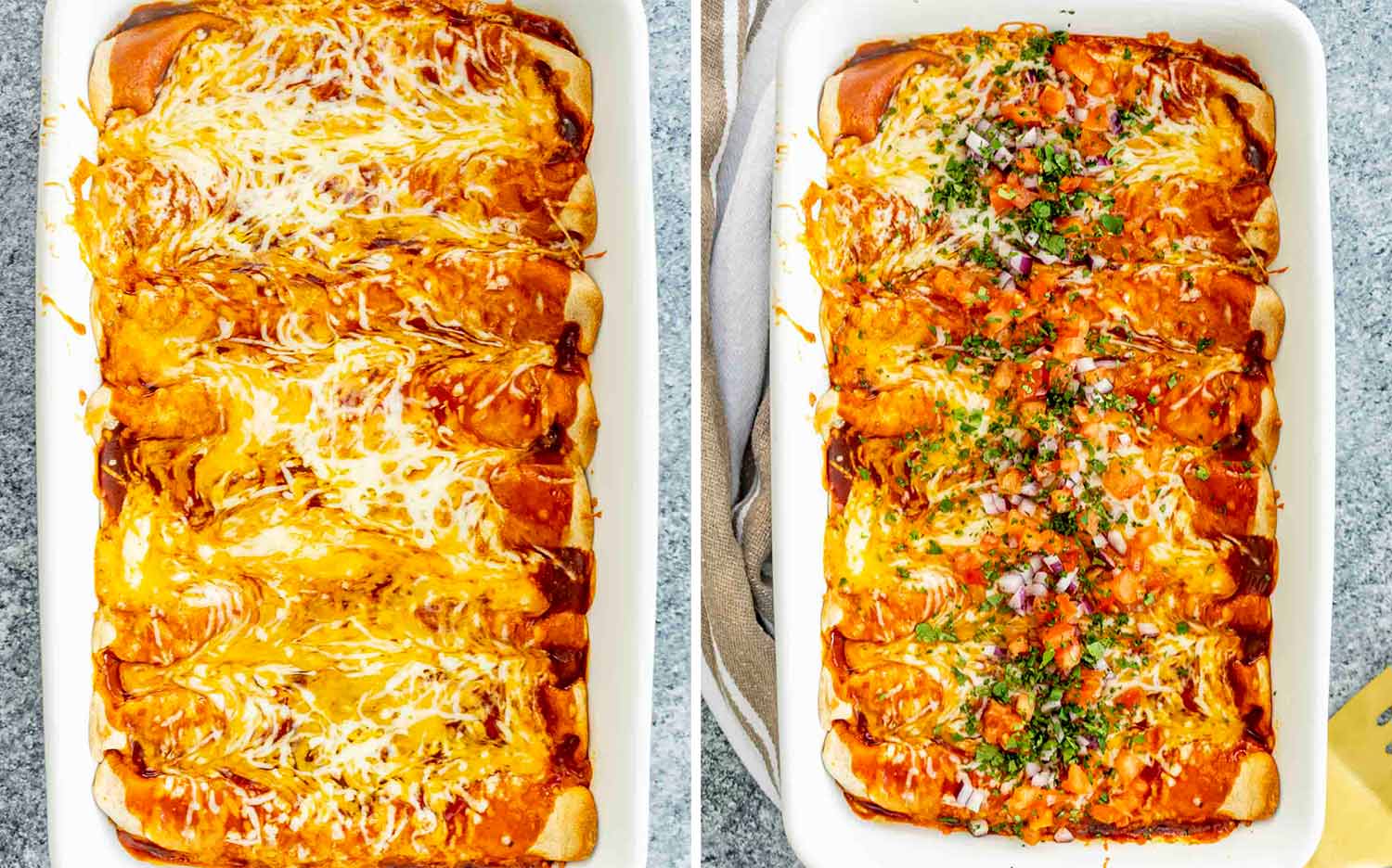 process shots showing how to make chicken enchiladas.