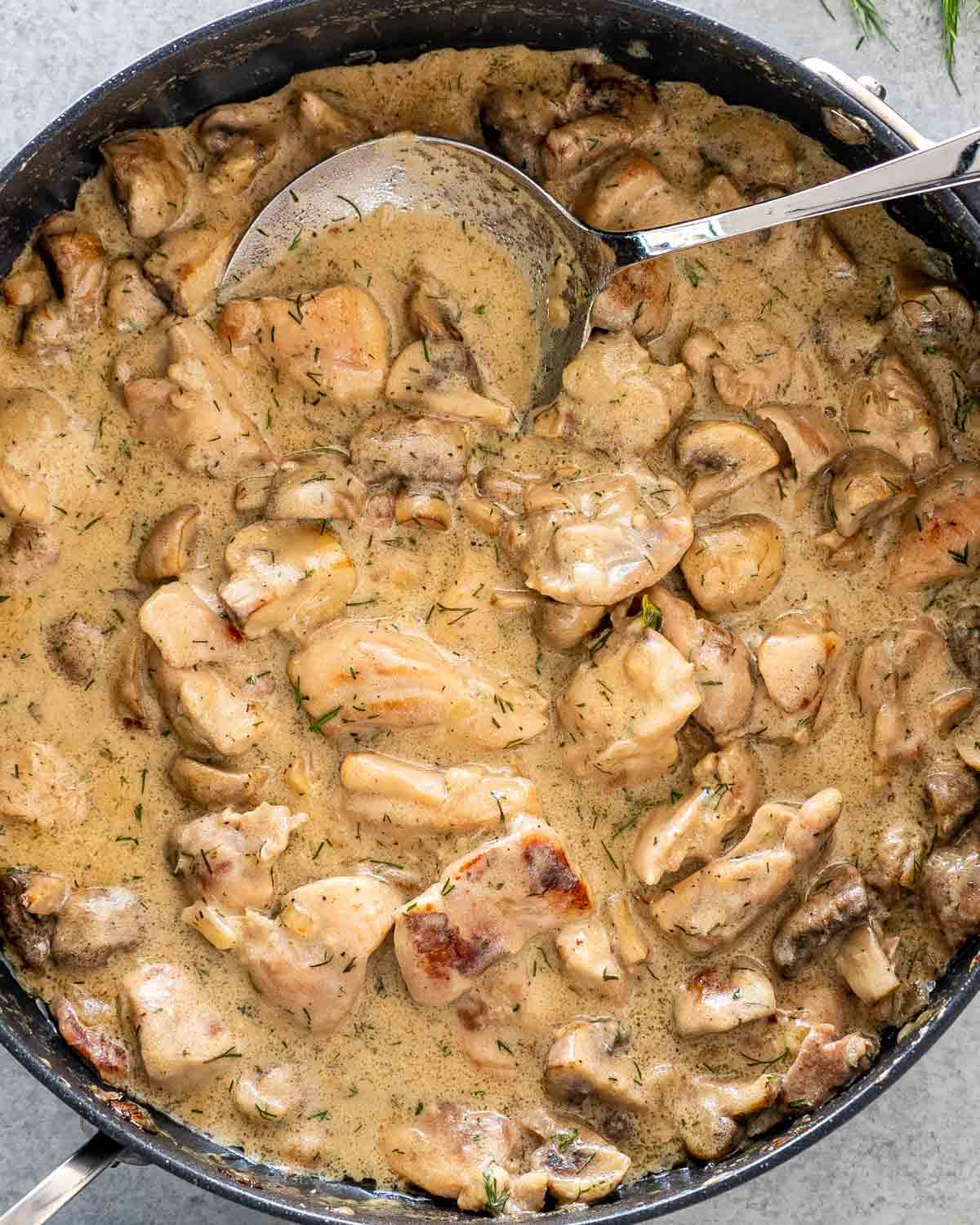 chicken and mushrooms in creamy dill sauce in a black skillet with a serving spoon inside.
