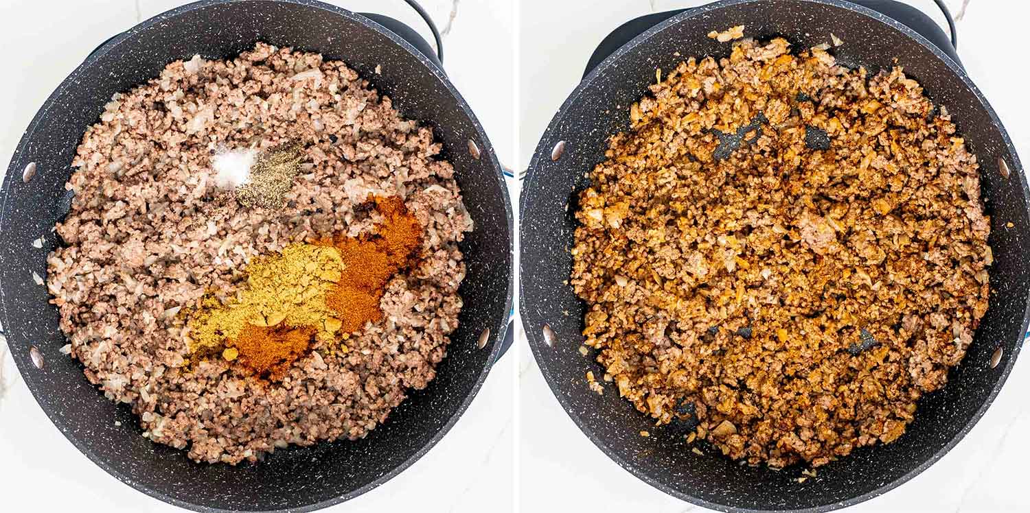 process shots showing how to make chili mac and cheese.