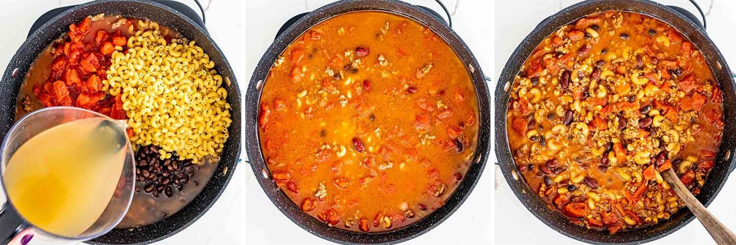process shots showing how to make chili mac and cheese.