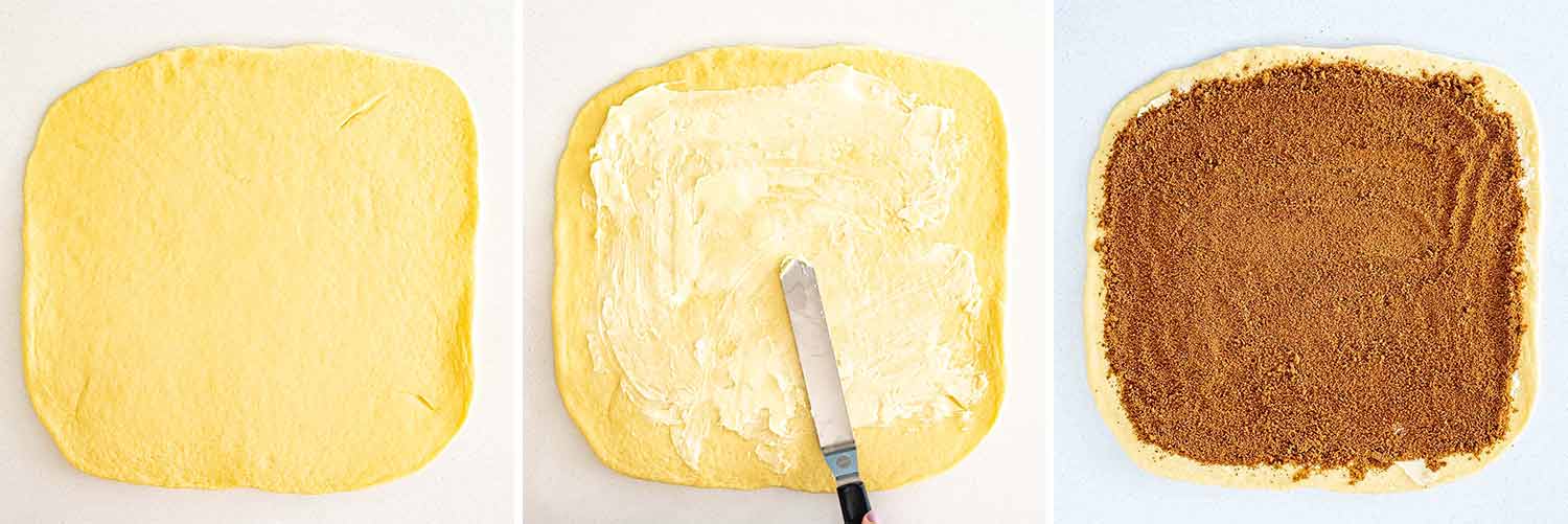 process shots showing how to make cinnabon cinnamon rolls.