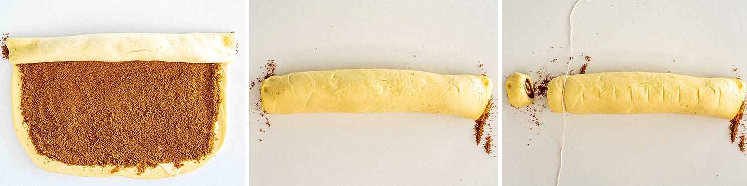 process shots showing how to make cinnabon cinnamon rolls.