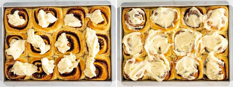 process shots showing how to make cinnabon cinnamon rolls.