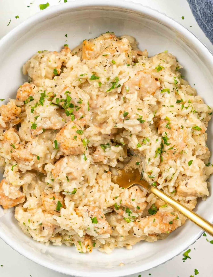 a serving of creamy chicken and rice in a white bowl.