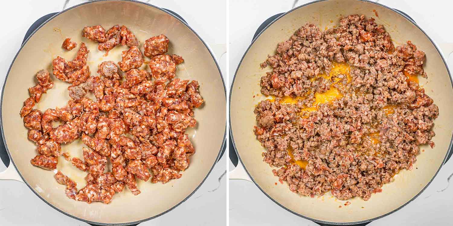 process shots showing how to make creamy italian sausage pasta.