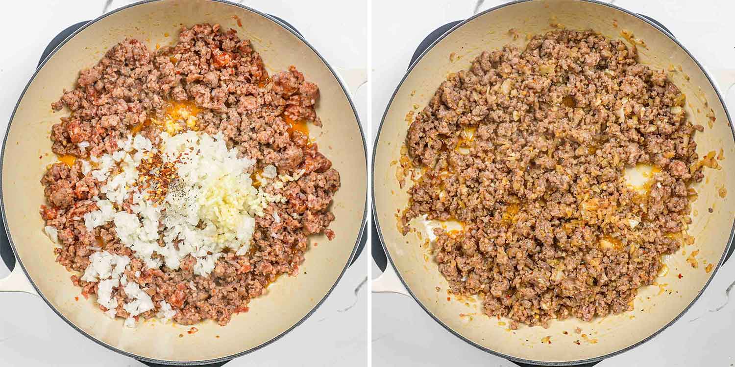 process shots showing how to make creamy italian sausage pasta.