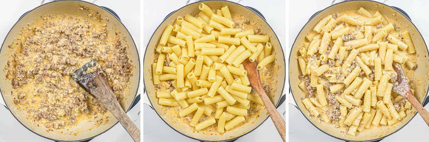 process shots showing how to make creamy italian sausage pasta.