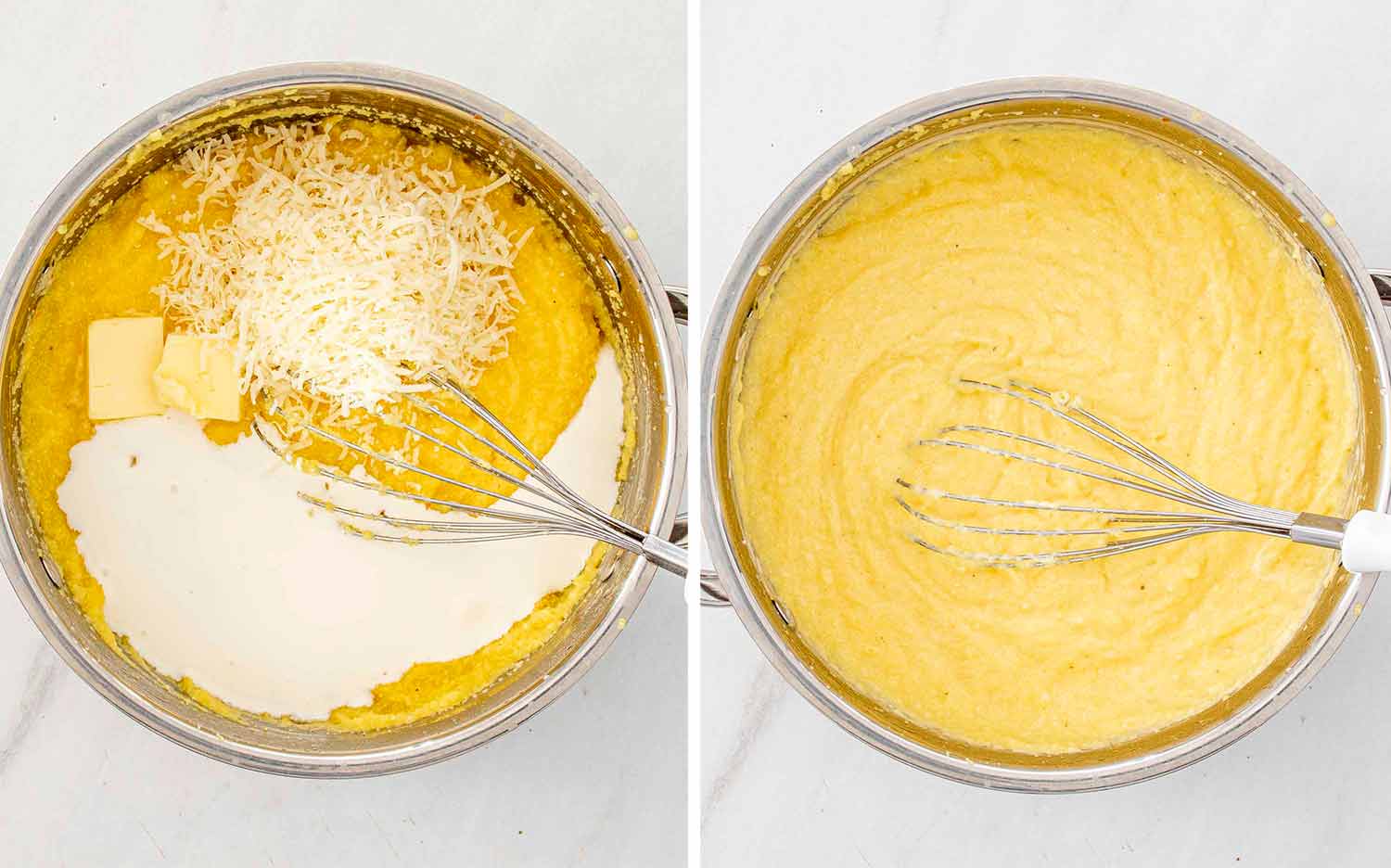 process shots showing how to make creamy parmesan polenta with mushrooms.
