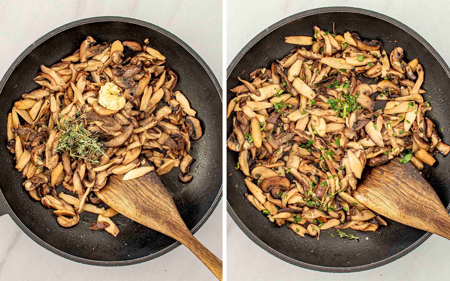 process shots showing how to make creamy parmesan polenta with mushrooms.