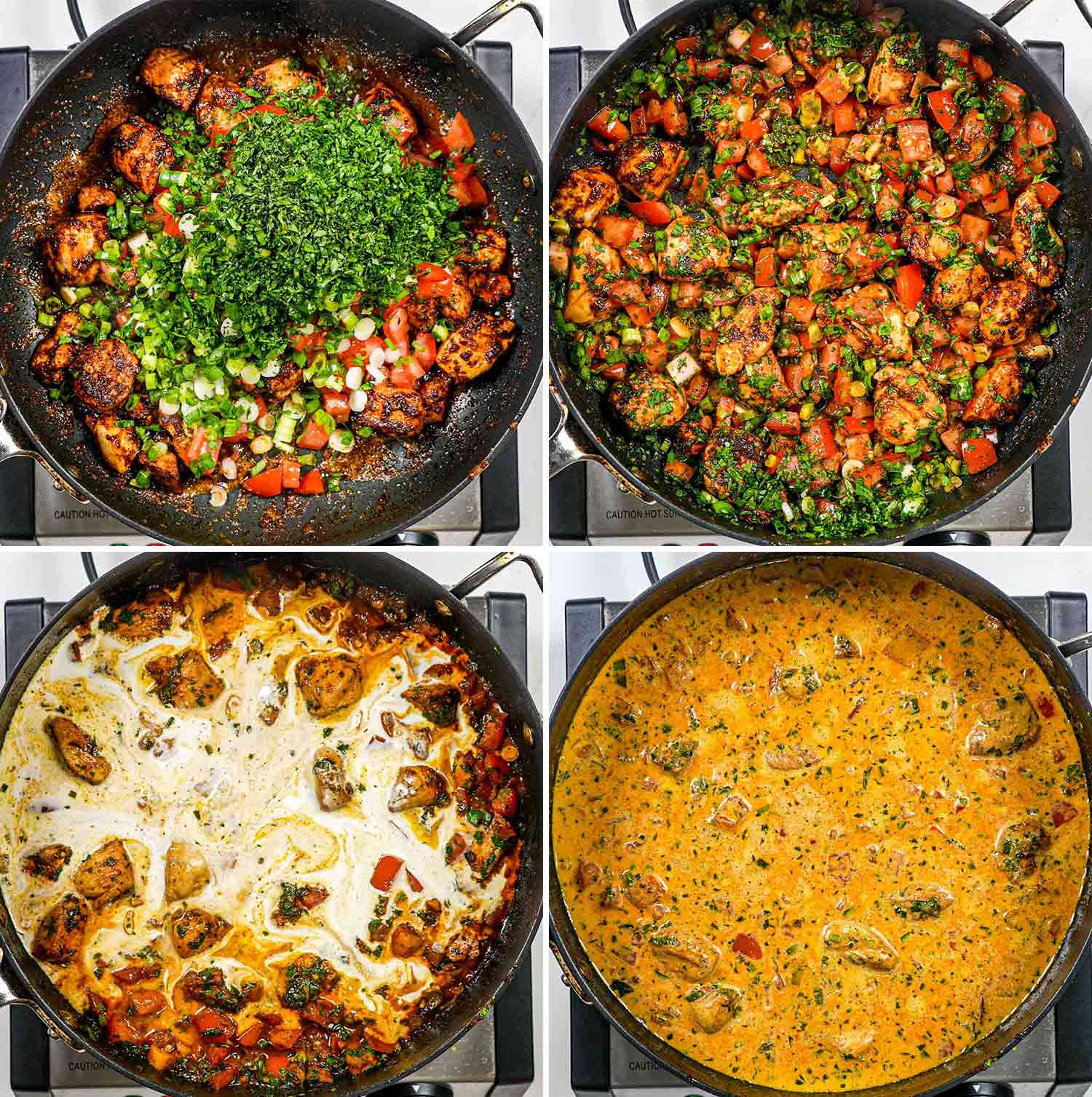 process shots showing how to make sauce for creamy tomato chicken pasta.