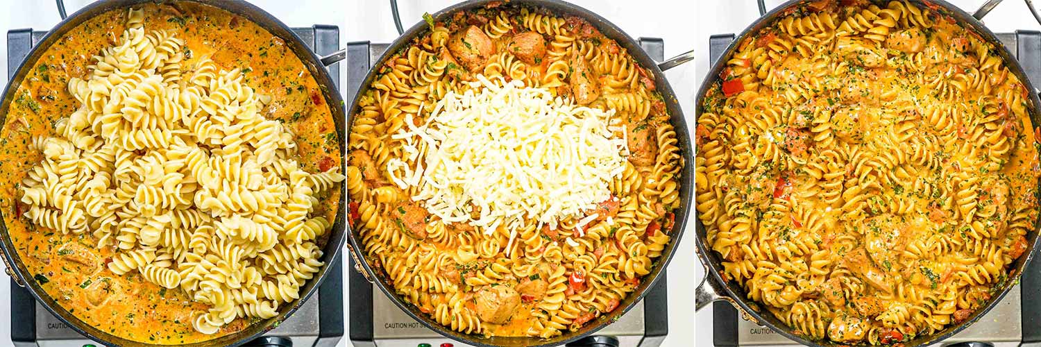 process shots showing how to assemble and finish making creamy tomato chicken pasta.