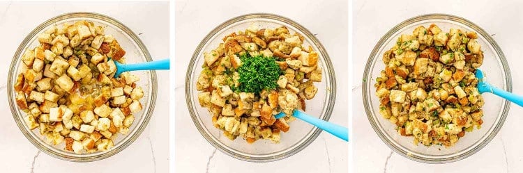 process shots showing how to make easy stuffing.