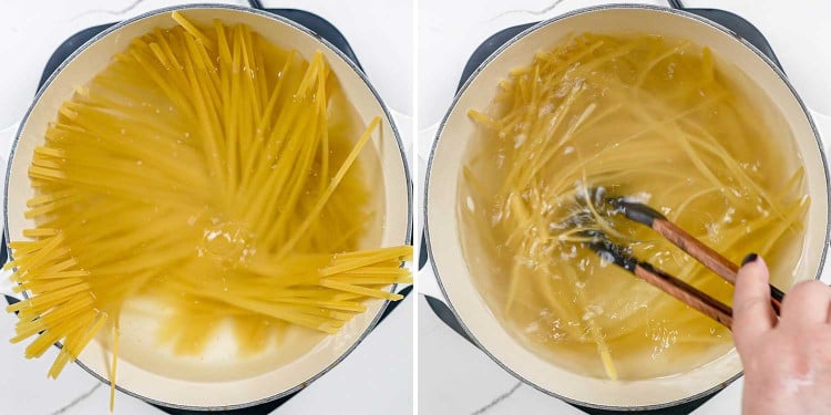 process shots showing how to make fettuccine alfredo.