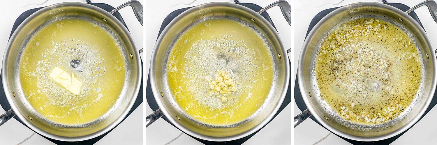 process shots showing how to make fettuccine alfredo.