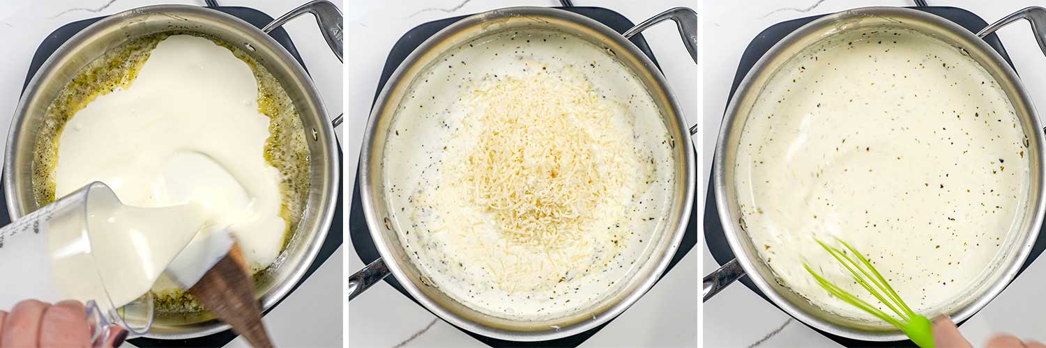 process shots showing how to make fettuccine alfredo.