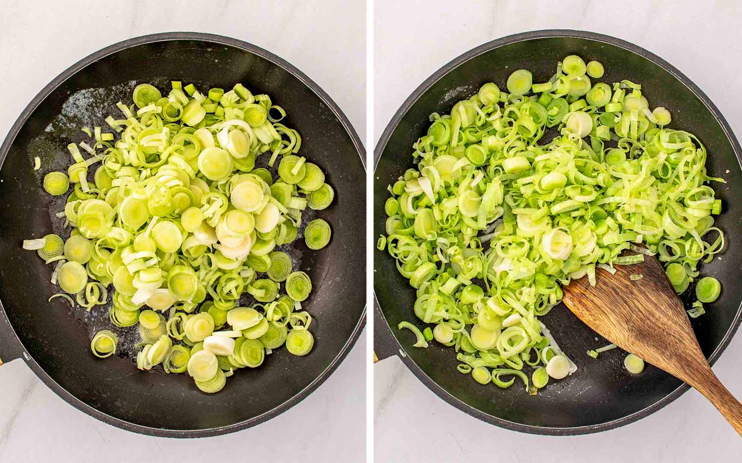process shots showing how to make gruyere leeks scalloped potatoes.