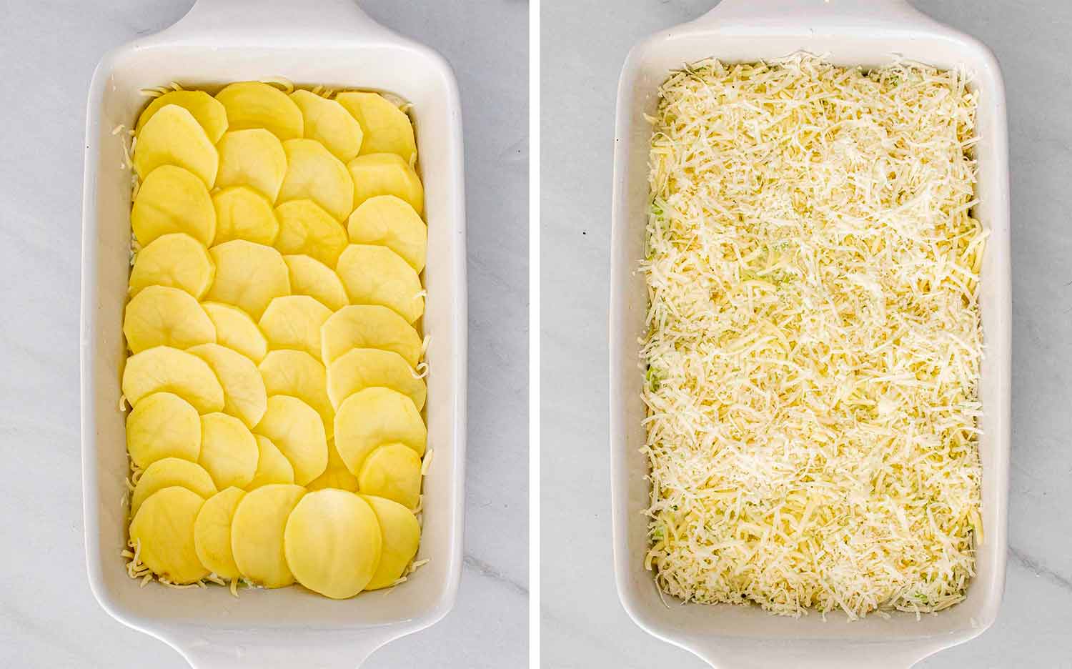 process shots showing how to make gruyere leeks scalloped potatoes.