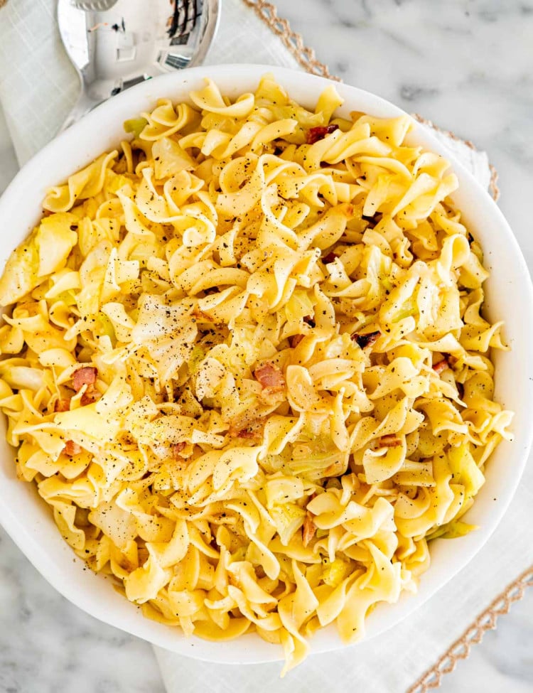 overhead shot of a bowl of haluski