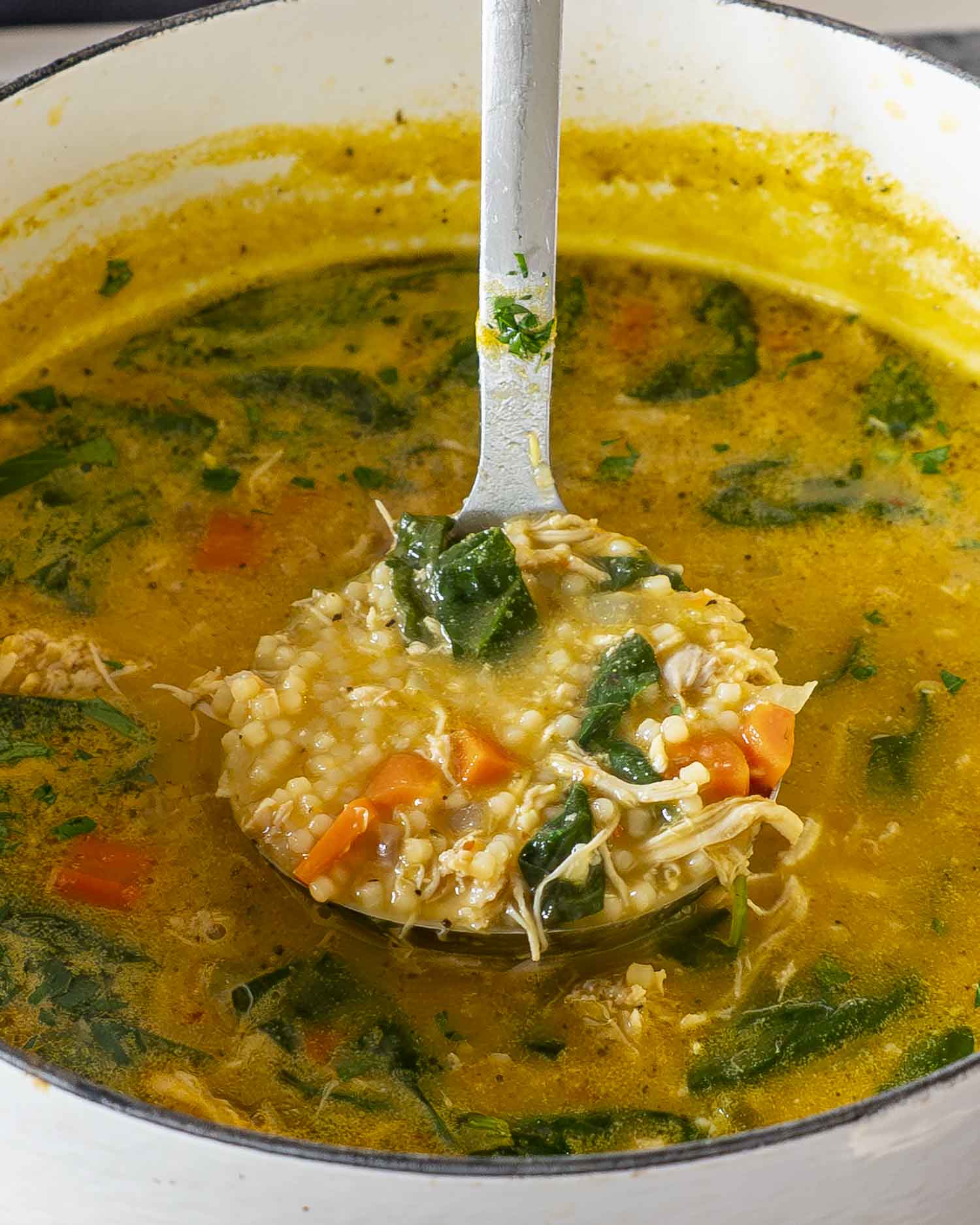 A ladle scooping Italian Penicillin Soup from a white pot showing ditalini pasta, shredded chicken, spinach, and carrots in broth.