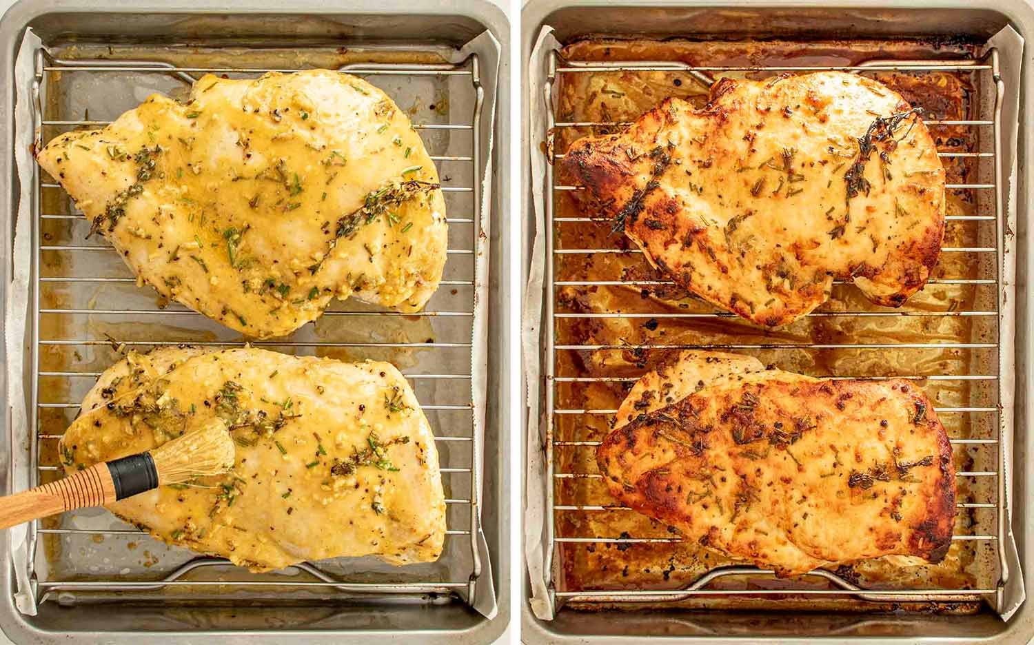 process shots showing how to make maple dijon roasted turkey breast.