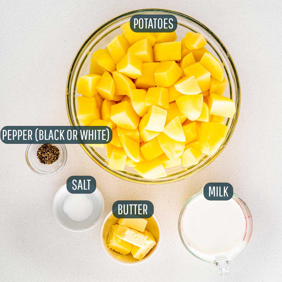 overhead shot of ingredients needed to make mashed potatoes.