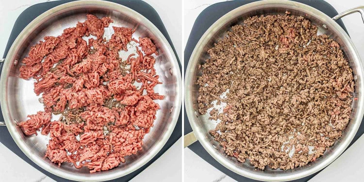 process shots showing how to make one pot beef ragu pasta.