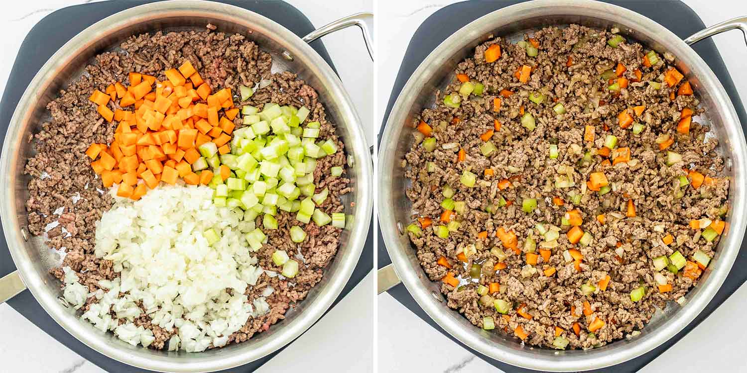 process shots showing how to make one pot beef ragu pasta.