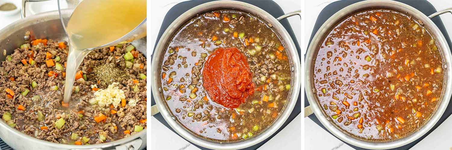 process shots showing how to make one pot beef ragu pasta.