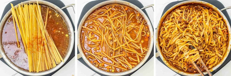 process shots showing how to make one pot beef ragu pasta.