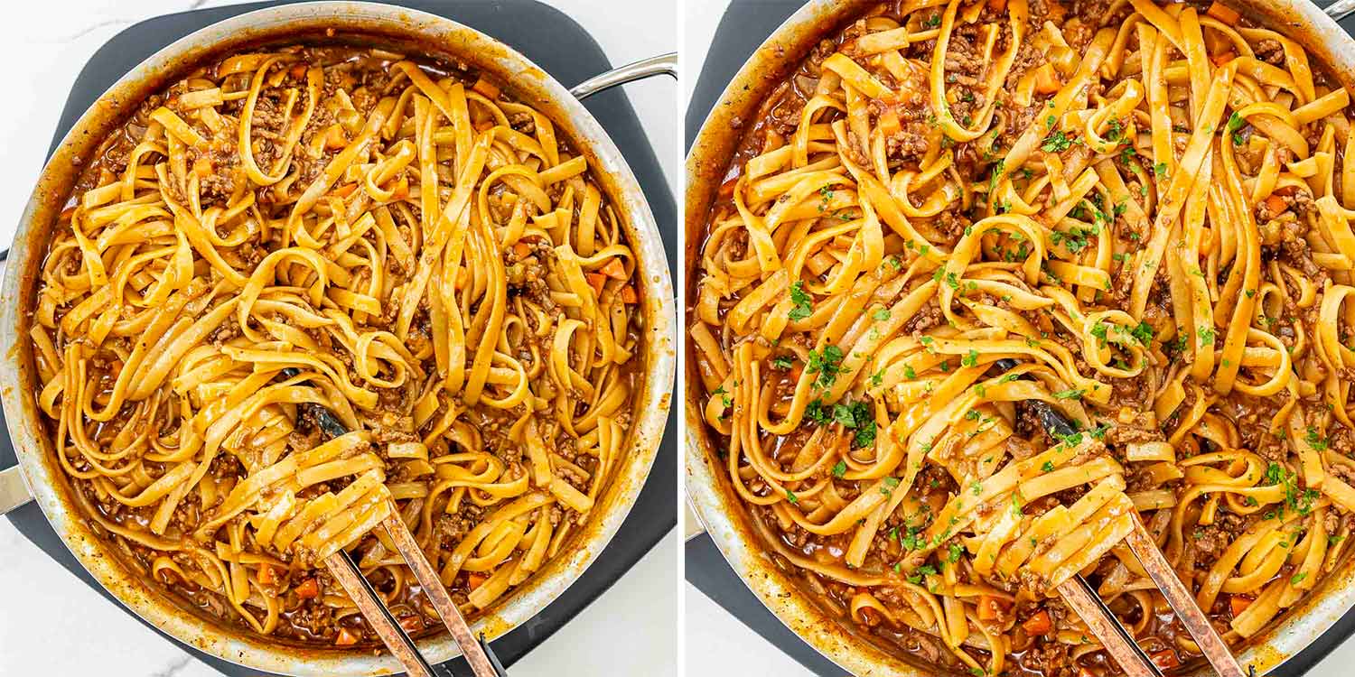 process shots showing how to make one pot beef ragu pasta.