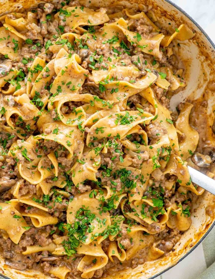 beef stroganoff with noodles in a dutch oven.