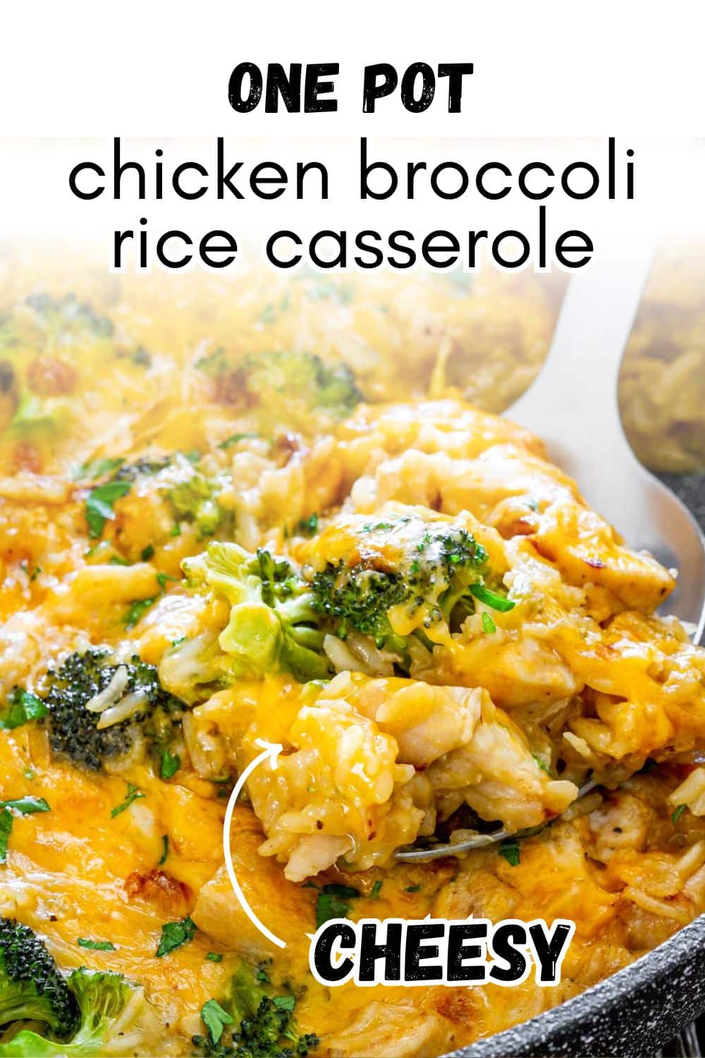 pin for one pot cheesy chicken broccoli rice casserole.