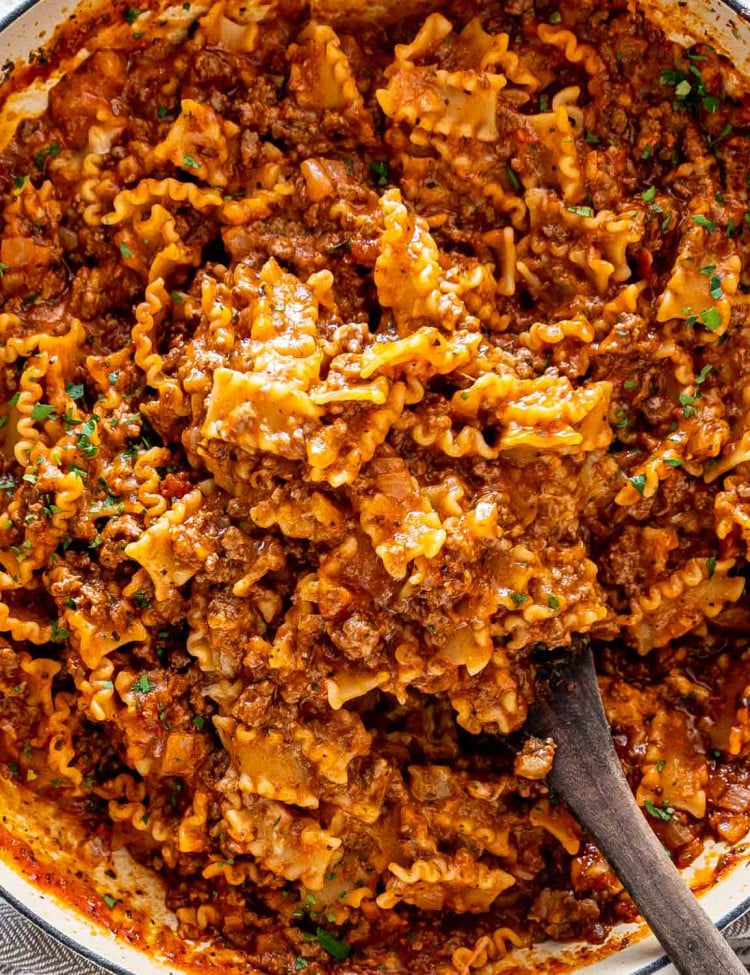 homemade hamburger helper lasagna from scratch in a skillet.