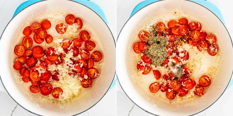 process shots showing how to make one pot pasta.