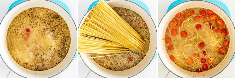process shots showing how to make one pot pasta.