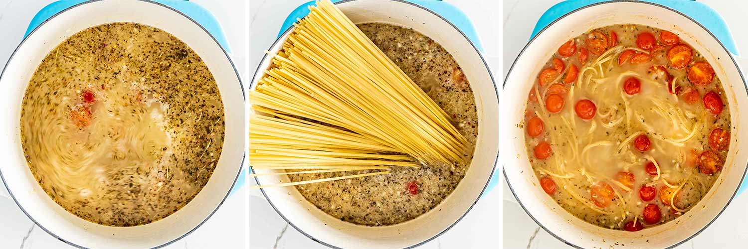 process shots showing how to make one pot pasta.